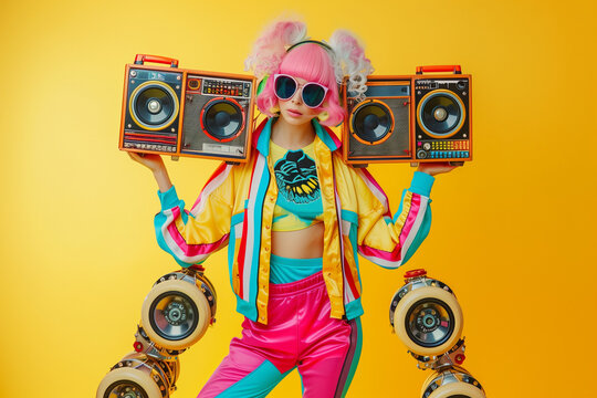 A girl in 90s-style tracksuits surrounded by speakers, capturing the vibrant retro vibe and energetic music scene.