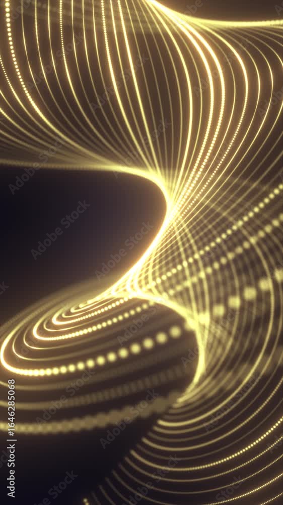Poster abstract golden glowing curved lines forming a flowing wave pattern on a dark background