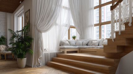 Fototapeta premium Modern living room interior with light wood accents, large window with elegant curtains, and wooden staircase