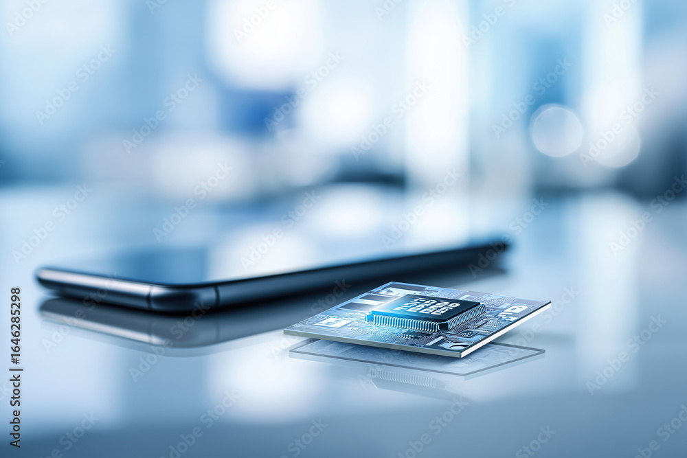 Aufkleber advancements in technology with smartphone and microchip on sleek surface
