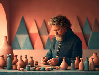 Skilled craftsman carefully painting delicate ceramic vases, workshop filled with handmade pottery reflecting artistic mastery and cultural heritage