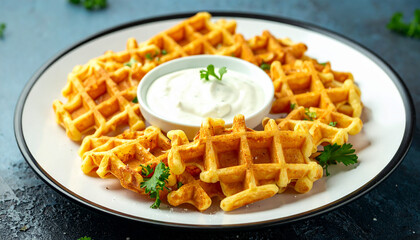 Waffle fries with creamy ranch dressing. Tasty snack. Delicious food for dinner. Culinary, cooking.