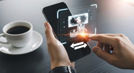 Person uses smartphone with digital currency icons and arrow symbols for financial transactions