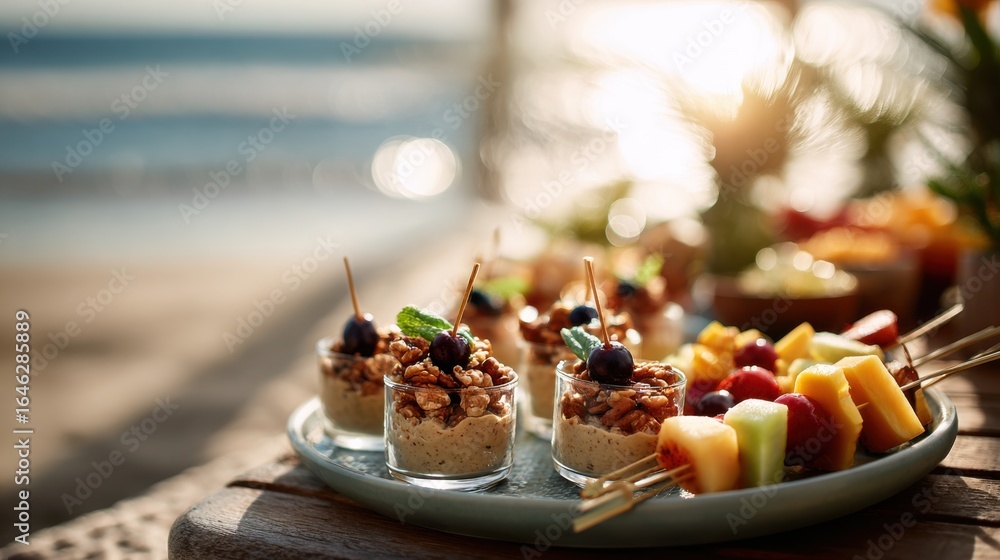 Poster crisp medium shot capturing a sunlit beach table featuring neatly placed hummus cups nut clusters an