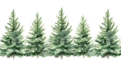 Fototapeta premium Fir tree forest watercolor seamless border, hand-drawn illustration isolated on a transparent background