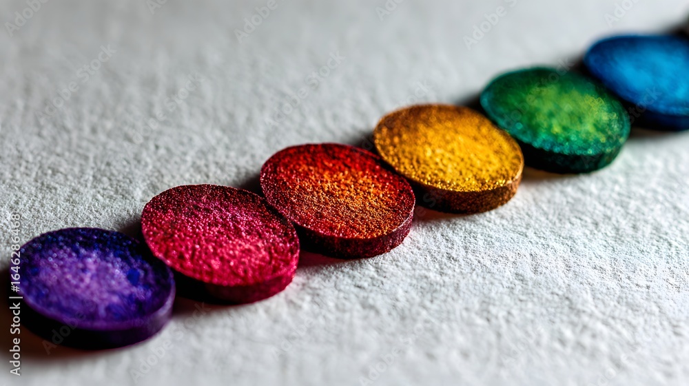 Poster row of colorful circular objects arranged in a spectrum.