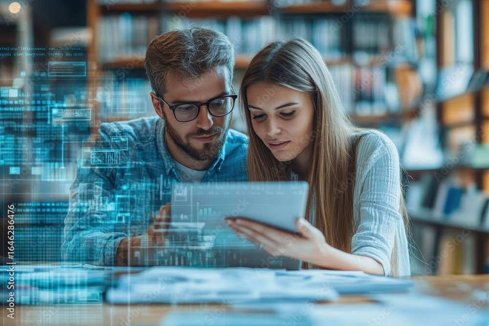 Poster young couple collaborating on a digital project using a tablet in a modern library setting