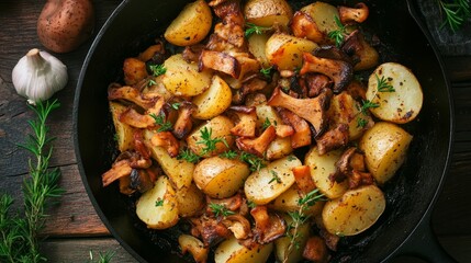 Savory baked potatoes with garlic, herbs, and saut  ed chanterelles in a cast iron skillet