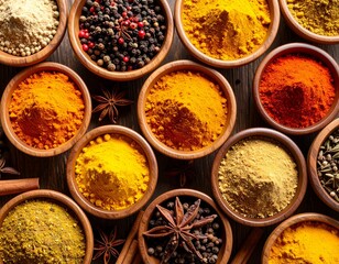 Top view of assorted spices in wooden bowls including turmeric, paprika, and cinnamon, rustic kitchen background