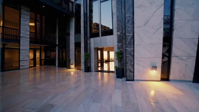 Fast aerial camera flies over a modern green neighborhood and enters a bright empty building with sunset light, ending on a terrace. Ideal for real estate, architecture, and city promo content.