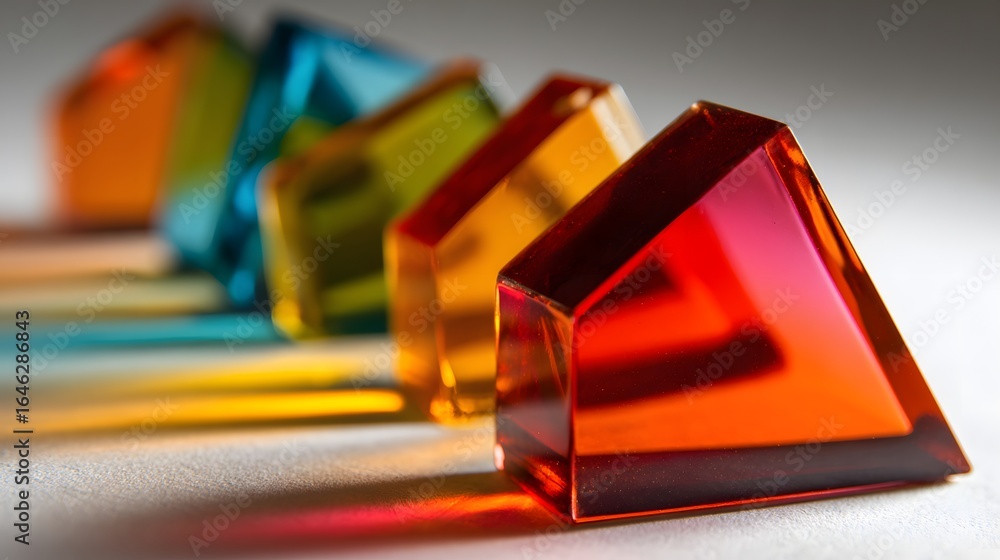 Poster colorful triangular prisms arranged in a row.