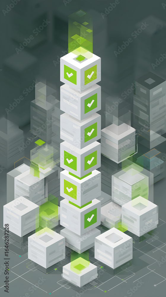 Poster blockchain blocks stacked into a tall column with green checkmarks