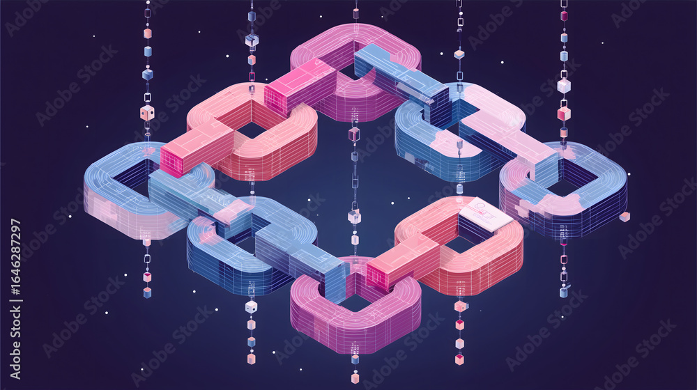 Poster blockchain chain links interlock and rotate while verifying