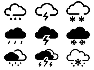Weather Icons Set &ndash; Rain, Storm, and Snow: Set of 9 precipitation icons featuring rain, lightning, and snow. Clean glyph and outline symbols for forecast apps, dashboards, and infographics