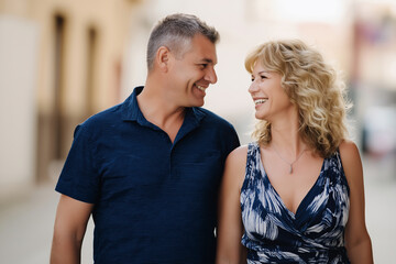 Fototapeta premium Happy couple enjoying a warm stroll in a quaint town on a sunny afternoon