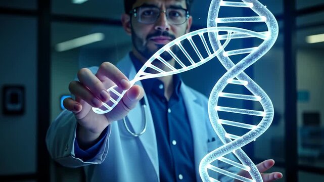 Interactive display, genetic research, DNA manipulation. Genetic innovation. Scientists modify genetic structures efficiently. Genome editing ensures better health. Genetic advances impact human - Powered by Adobe