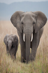 Fototapeta premium A wise old elephant matriarch leading her calf through tall grasses, demonstrating tender, protective instincts.