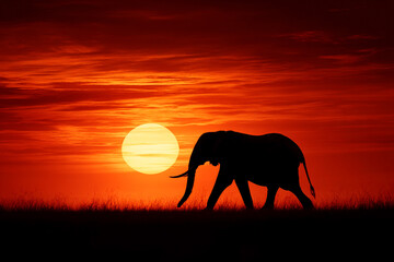 Fototapeta premium An elephant silhouetted against a fiery sunset, walking slowly across the horizon, creating an iconic African image.