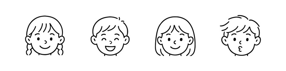 Obraz premium Cute kids faces in simple black and white linear style