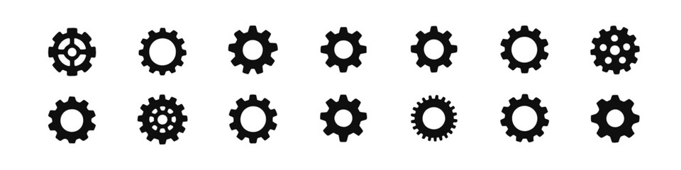 Fototapeta premium Set of gear and cogwheel icons in minimalist silhouette style