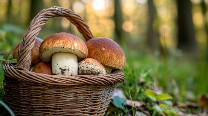 White butyriboletus regius mushrooms collected in a basket on a tranquil forest glade