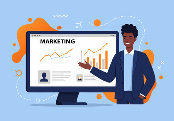 Marketing professional presenting data charts and graphs on a computer screen with a blue background