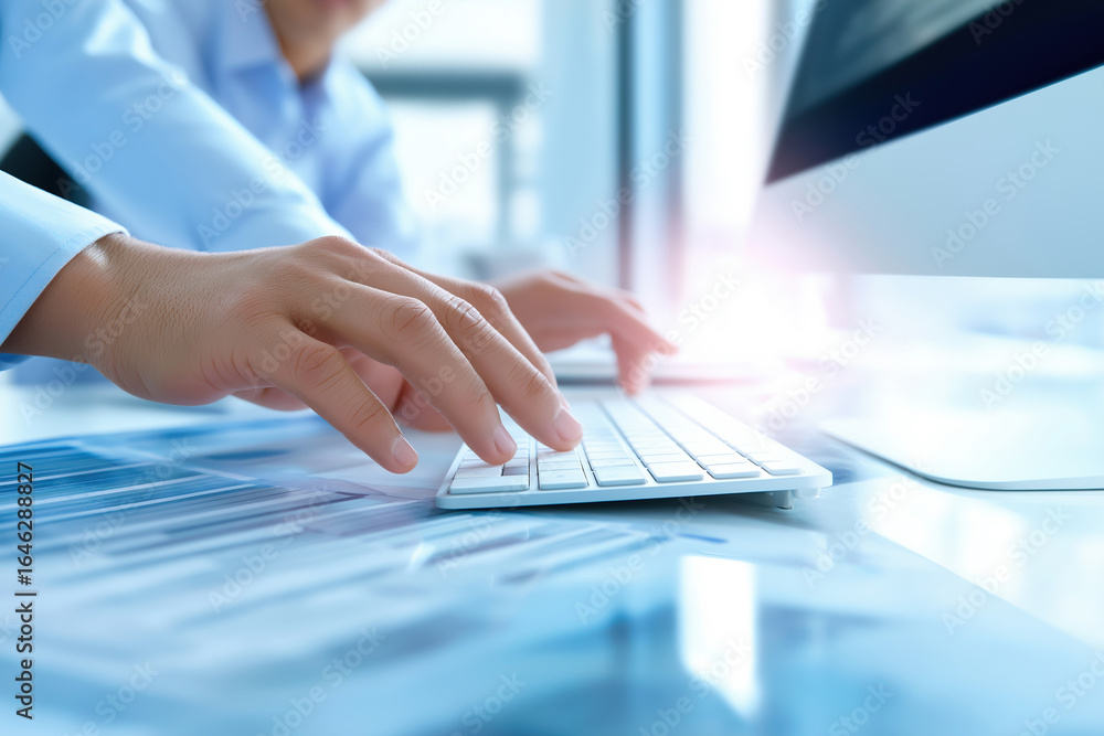 Poster hands typing on a keyboard in a modern office during a productive work session