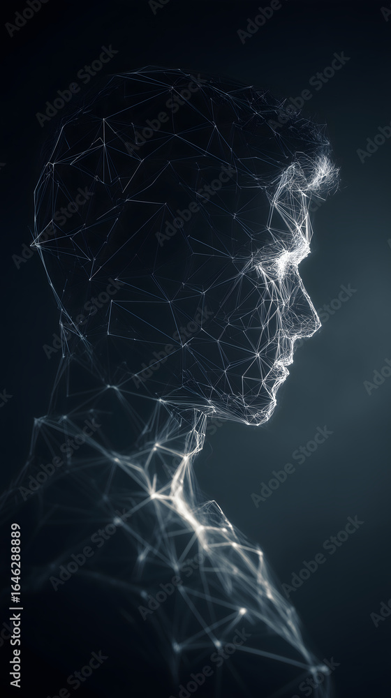 Poster facial recognition mesh forms on a silhouette