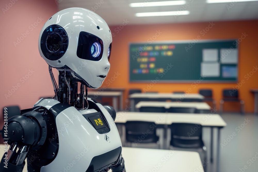 Poster robot assistant in modern classroom with empty desks and colorful learning environment