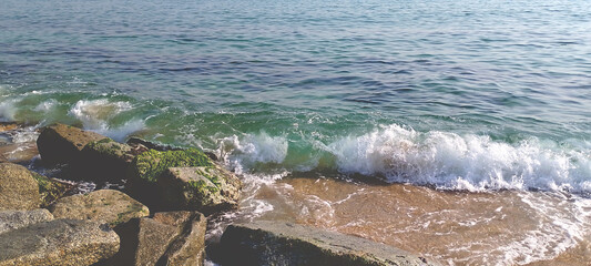  Beach with turquoise waters, seascape.