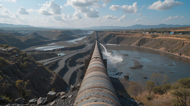 Mine tailings reservoir in Africa, receiving slurry through a pipeline from an ore processing plant.