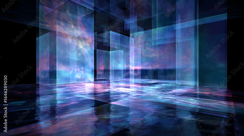 Poster floating holographic windows overlap and slide