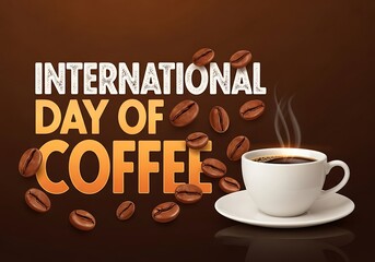 International day of coffee celebration with steaming coffee cup and beans