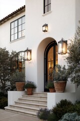 Naklejka premium Elegant entrance of a modern home featuring floral arrangements, stone steps, and vintage lanterns during twilight hours