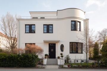 Fototapeta premium The contemporary architectural design is beautifully exemplified in a striking white house that rests peacefully in a tranquil neighborhood on a pristine afternoon