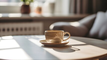 Warm morning sunlight streams across a cozy living room illuminating a delicate coffee cup and saucer resting on a table