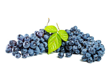 Bunch of blue grapes with leaves isolated on white background.