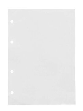 Vertical blank loose-leaf binder paper sheet with punched holes isolated on background. School, stationery document mockup. Empty copy space. White notebook paper. Business office stationery object. 