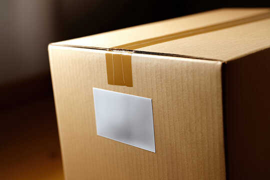 Cardboard box with packing tape and blank label sits on wooden surface indoors
