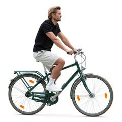 Handsome man riding a bike isolated on transparent and white background. Seen in side view.