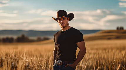Western cowboy theme, American good looking male model in a black t-shirt and a hat standing in a vast field, focus on the t-shirt, half-length portrait