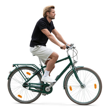 Handsome man riding a bike isolated on transparent and white background. Seen in side view.