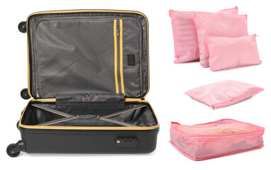 Packing cubes with clothes and suitcase isolated on white, set