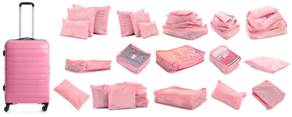 Packing cubes with clothes and suitcase isolated on white, set