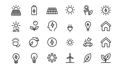 Fototapeta premium Set of renewable energy icons representing solar power wind turbines battery leaves and sustainable energy source vector illustration