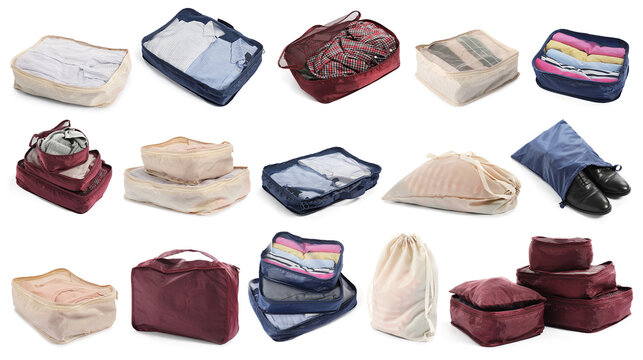 Packing cubes with clothes isolated on white, set