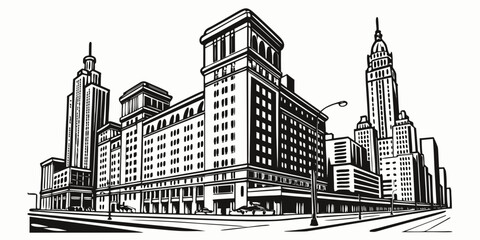 Fototapeta premium Black and white illustration of a cityscape with various buildings and street elements drawn created with generated ai