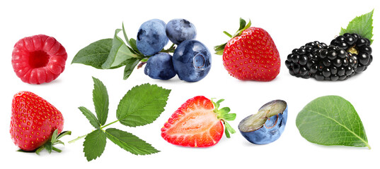 Various berries and green leaves isolated on white, set