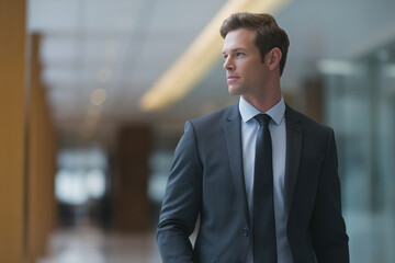 Confident businessman walking through modern office hallway during daytime