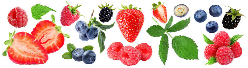 Various berries and green leaves isolated on white, set